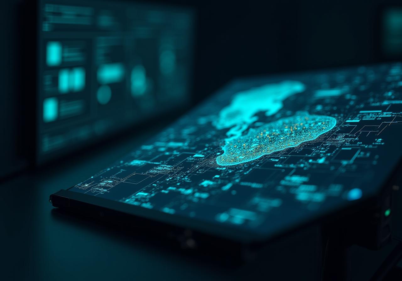 Interfaccia di una dashboard AI generativa con mappe 3D e grafici analitici
